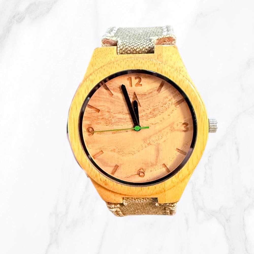 Tree Hut Men’s‎ Wooden Face Watch – Green Canvas Band